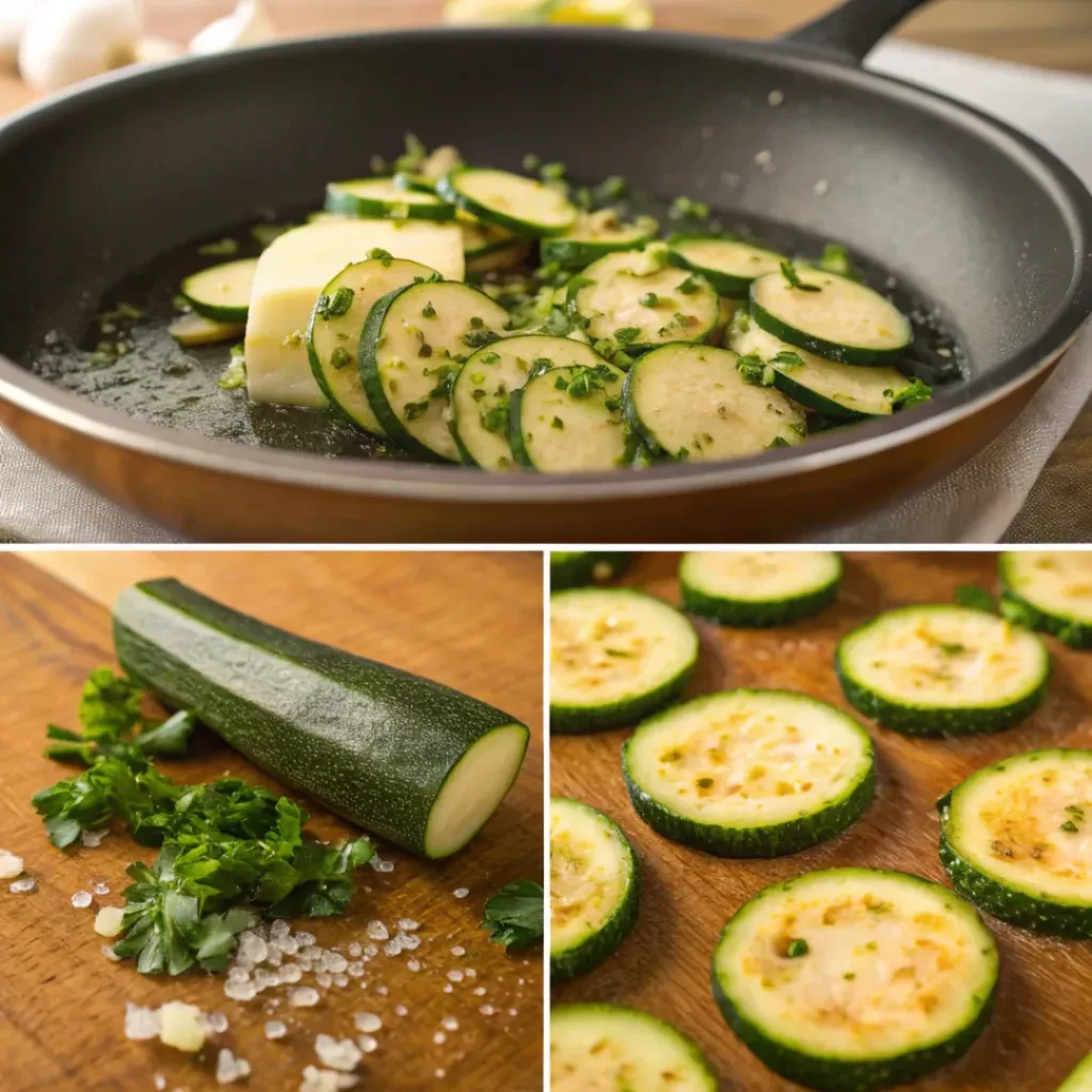 Sautéed Zucchini with Garlic and Butter – Quick, Buttery & Flavorful Side Dish 7 Four step collage showing slicing, sautéing, cooking, and serving zucchini