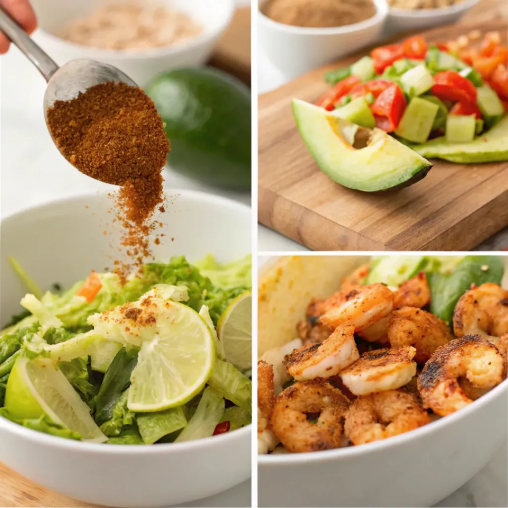 Four step collage showing seasoning shrimp, cooking shrimp, preparing vegetables, and assembling salad
