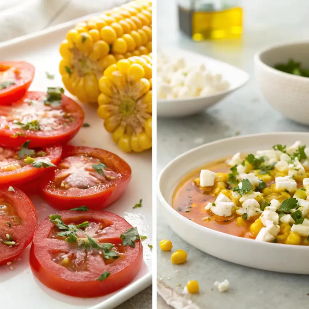 Four step collage showing slicing tomatoes, preparing corn, arranging salad, and topping with feta