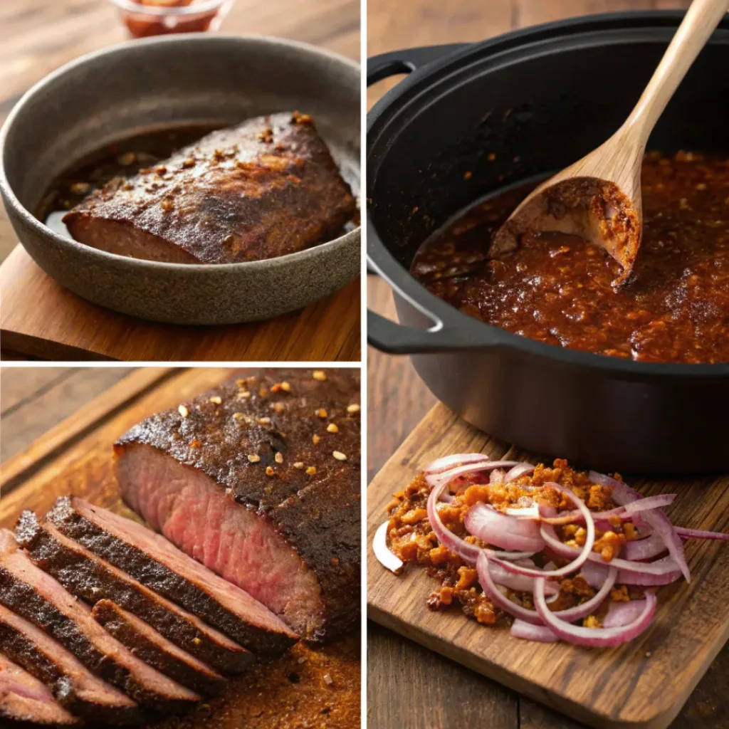 Slow Cooker BBQ Brisket – Tender, Juicy & Fall-Apart Beef 7 Four step collage showing seasoning, searing, slow cooking, and serving brisket