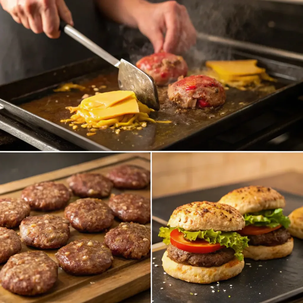Four step collage showing smashing patties, melting cheese, toasting buns, and assembling burgers