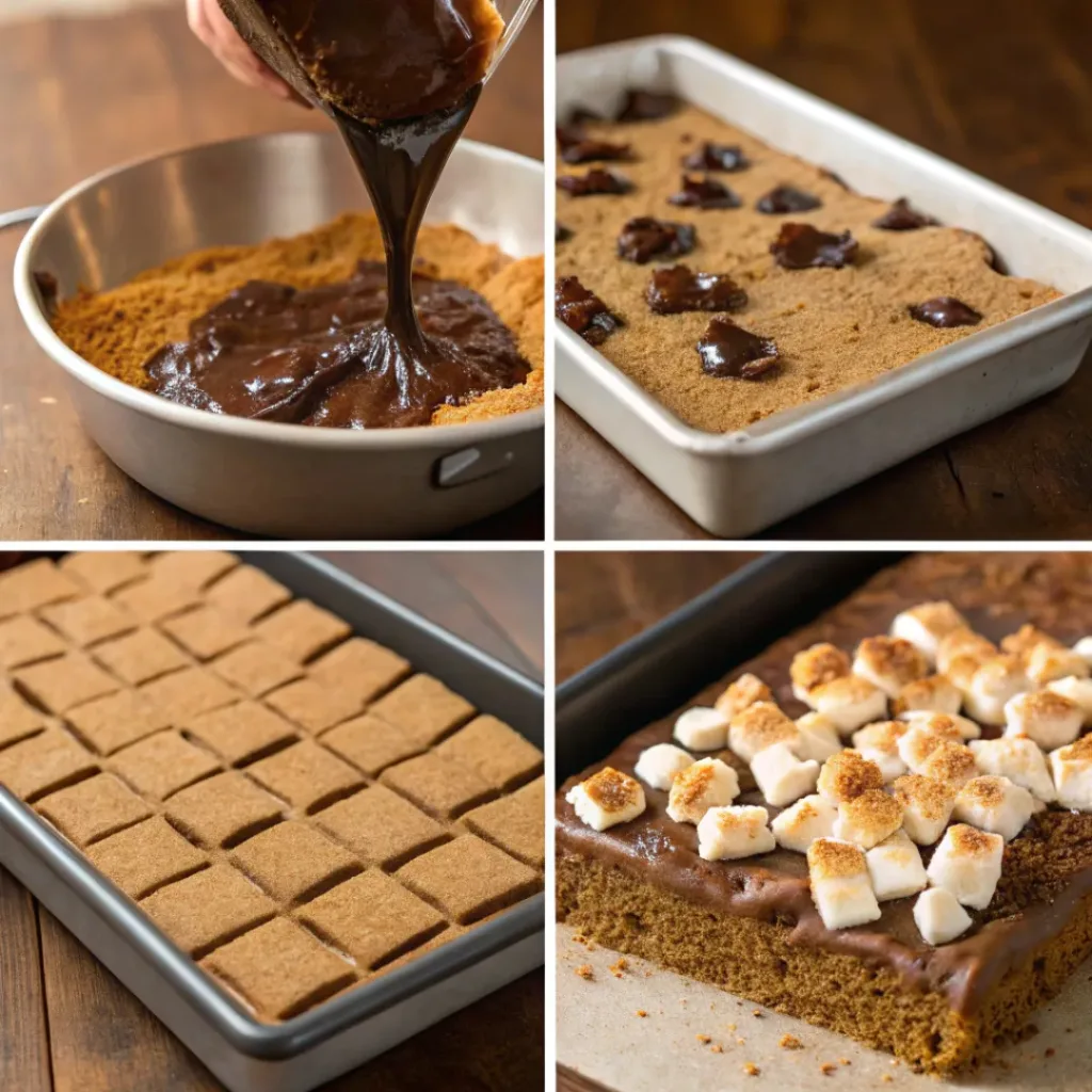 S'mores Brownies – Gooey, Chocolatey & Campfire-Inspired Dessert 7 Four step collage showing graham crust, brownie batter, marshmallow topping, and baked brownies