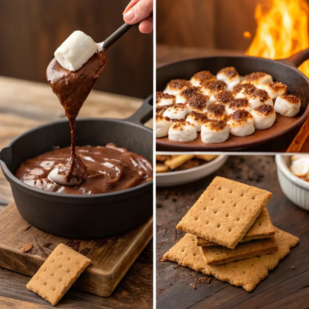 Four step collage showing melting chocolate, adding marshmallows, toasting, and serving
