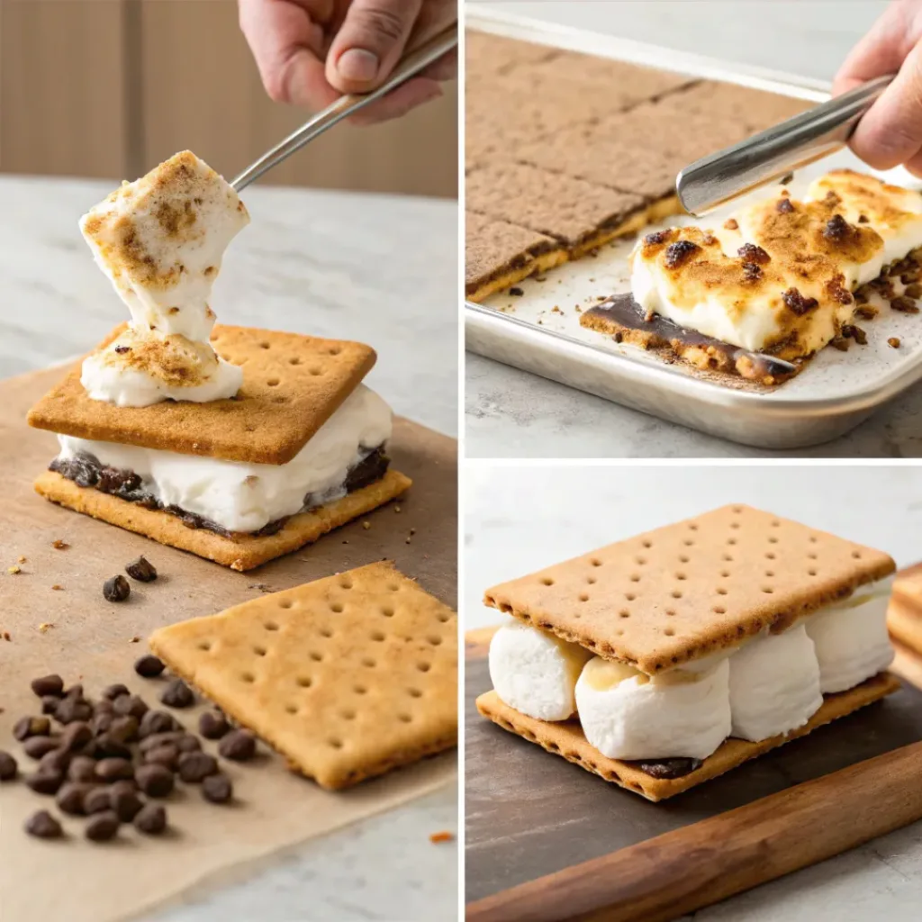 Four step collage showing toasting marshmallows, assembling sandwiches, and freezing