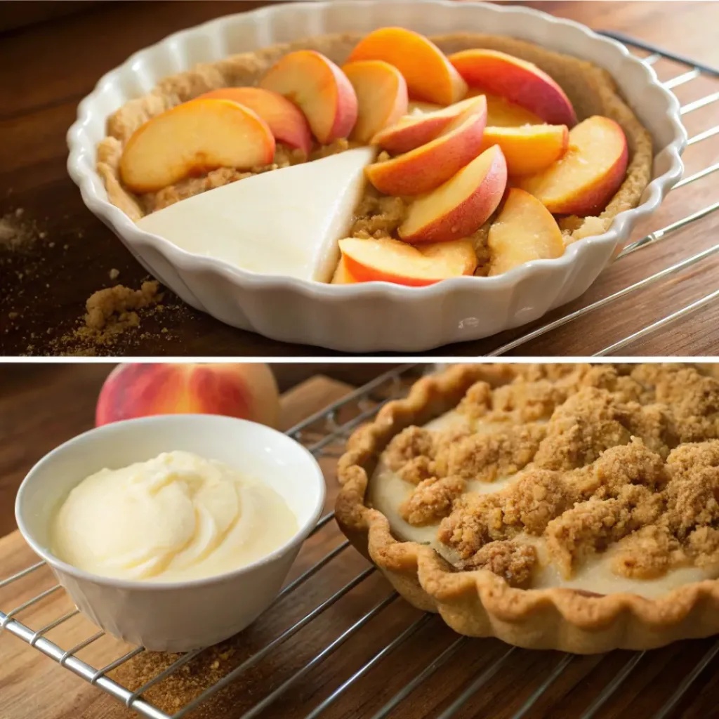 Sour Cream Peach Pie – Creamy, Sweet & Classic Summer Dessert 7 Four step collage showing preparing peaches, mixing filling, assembling pie, and baking