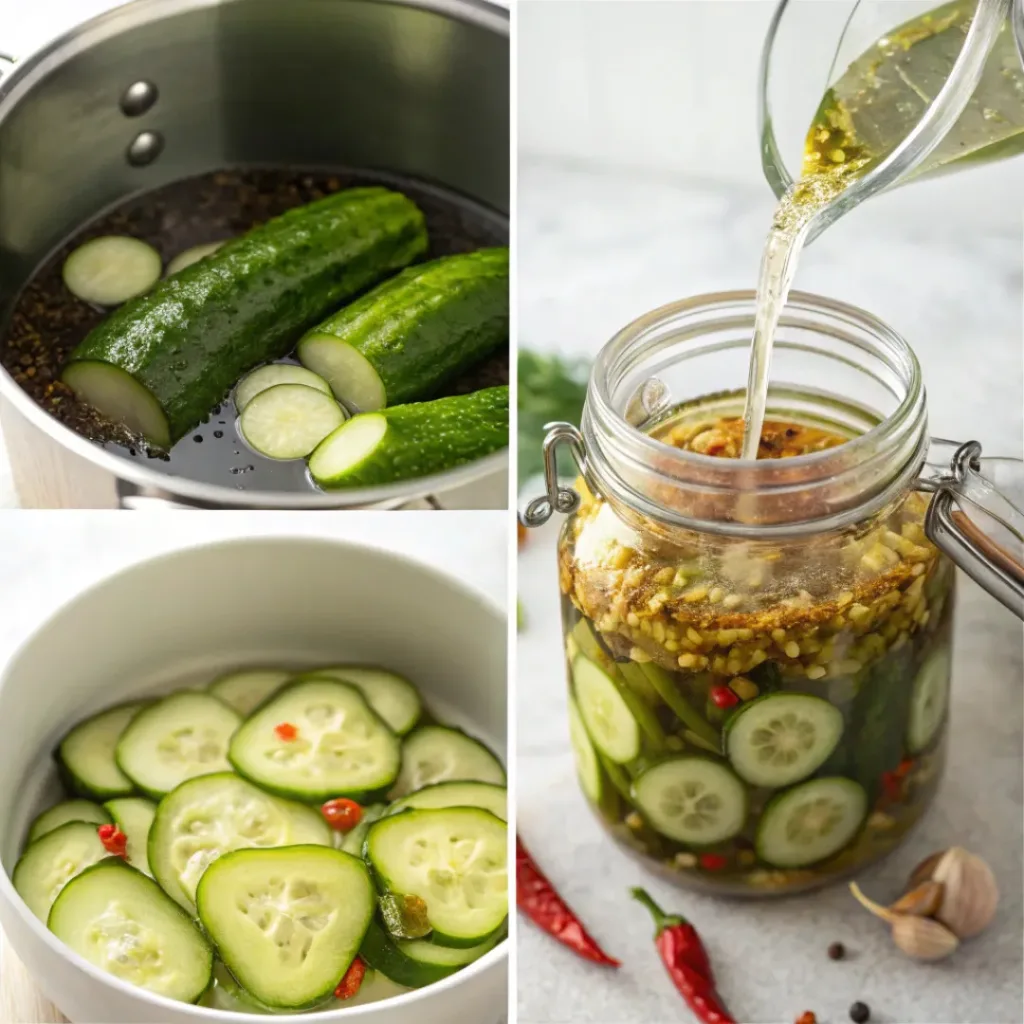 Four step collage showing slicing cucumbers, making brine, filling jars, and sealing