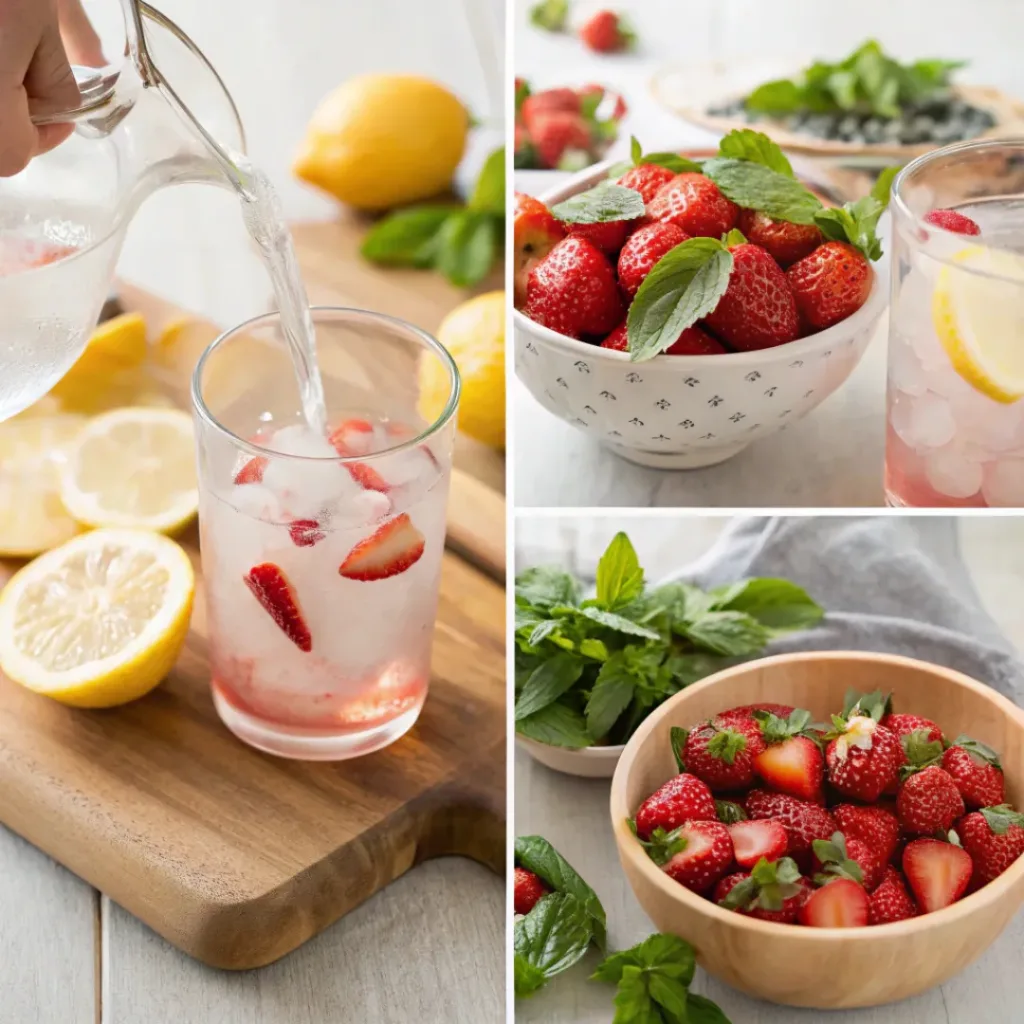 Strawberry Basil Lemonade – Fresh, Fruity & Herb-Infused Summer Drink 7 Four step collage showing slicing, muddling, mixing, and serving lemonade