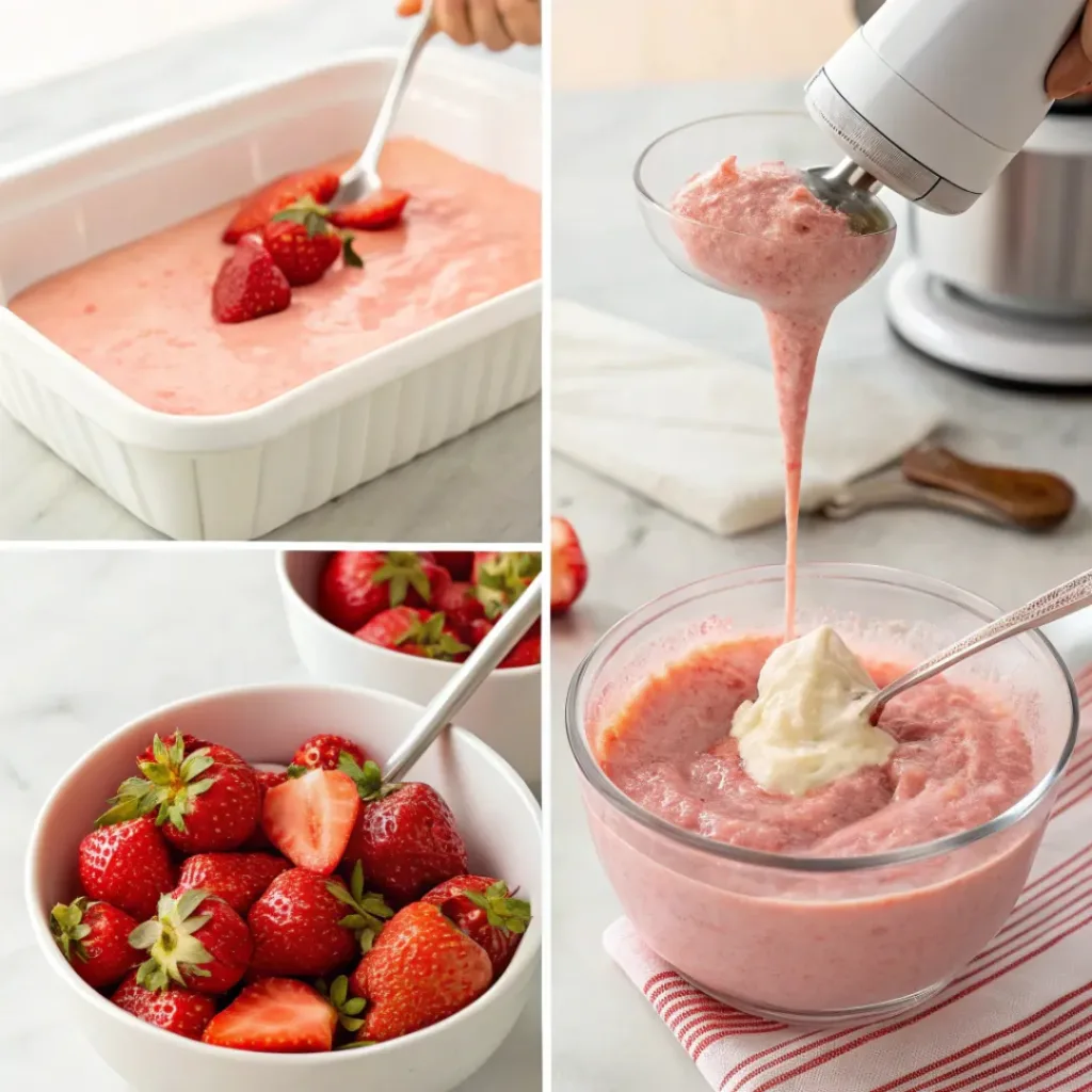 Strawberry Ice Cream – Creamy, Fruity & Homemade Classic Dessert 7 Four step collage showing blending strawberries, mixing base, churning, and serving ice cream