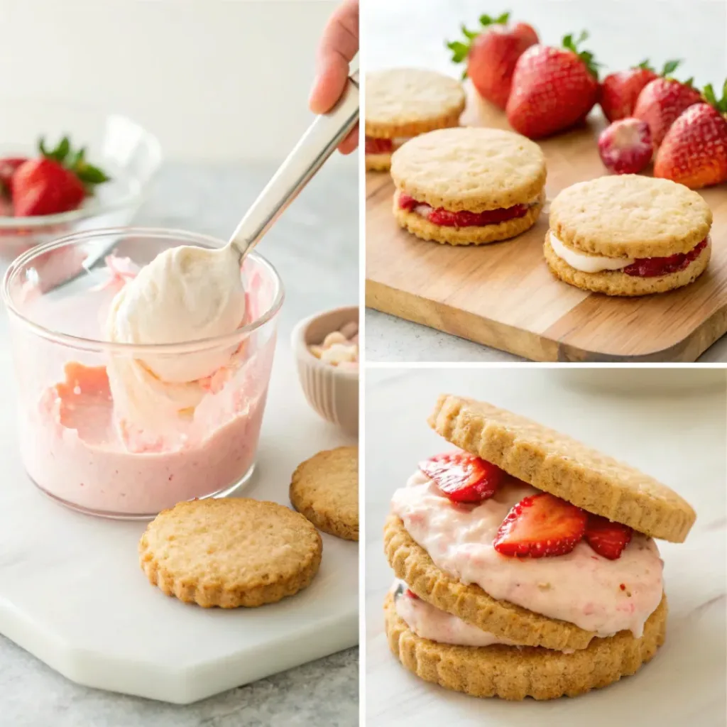Four step collage showing making ice cream, freezing, assembling, and slicing sandwiches