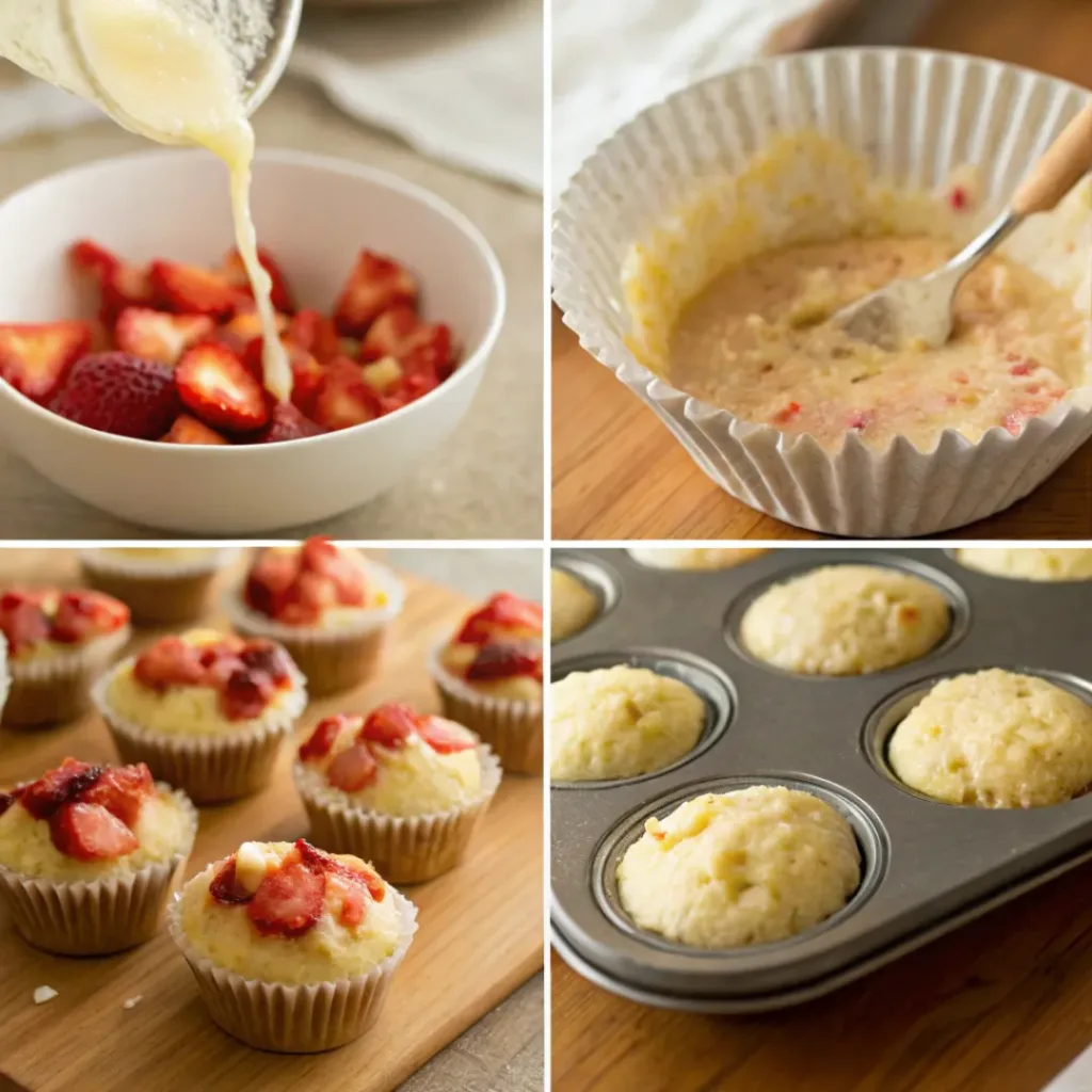 Four step collage showing mixing batter, adding strawberries, baking muffins, and glazing