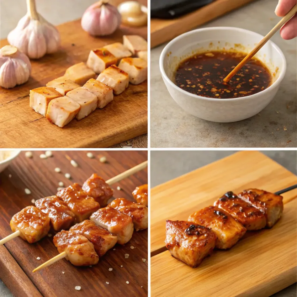 Four step collage showing cutting chicken, marinating, skewering, and grilling