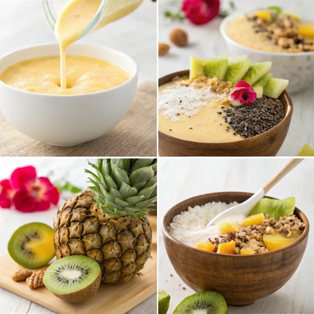 Four step collage showing blending fruit, pouring smoothie, adding toppings, and serving bowl