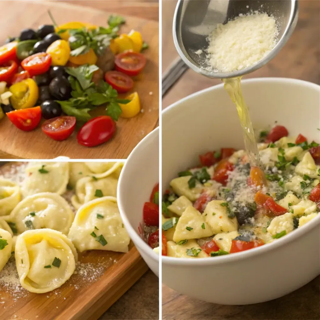 Tuscan Tortellini Salad – Creamy Italian Pasta Salad with Fresh Veggies 7 Four step collage showing cooking pasta, chopping vegetables, making dressing, and mixing salad
