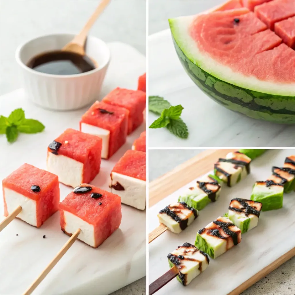 Four step collage showing cutting watermelon, feta, assembling skewers, and drizzling glaze