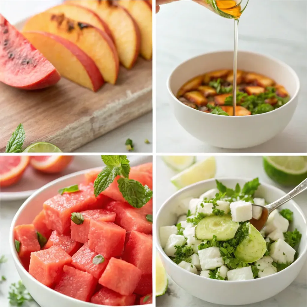 Four step collage showing cutting fruit, mixing salad, and adding dressing
