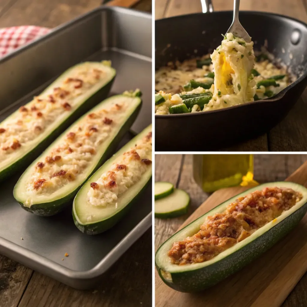 Four step collage showing slicing zucchini, cooking filling, stuffing, and baking