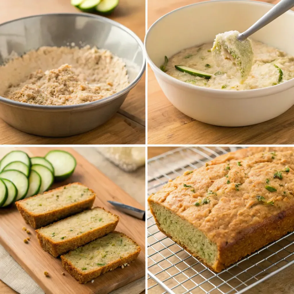 Four step collage showing grating zucchini, mixing batter, baking, and slicing bread