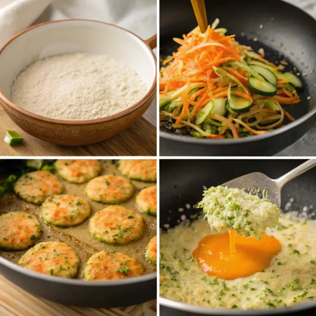 Four step collage showing mixing, frying, and serving fritters