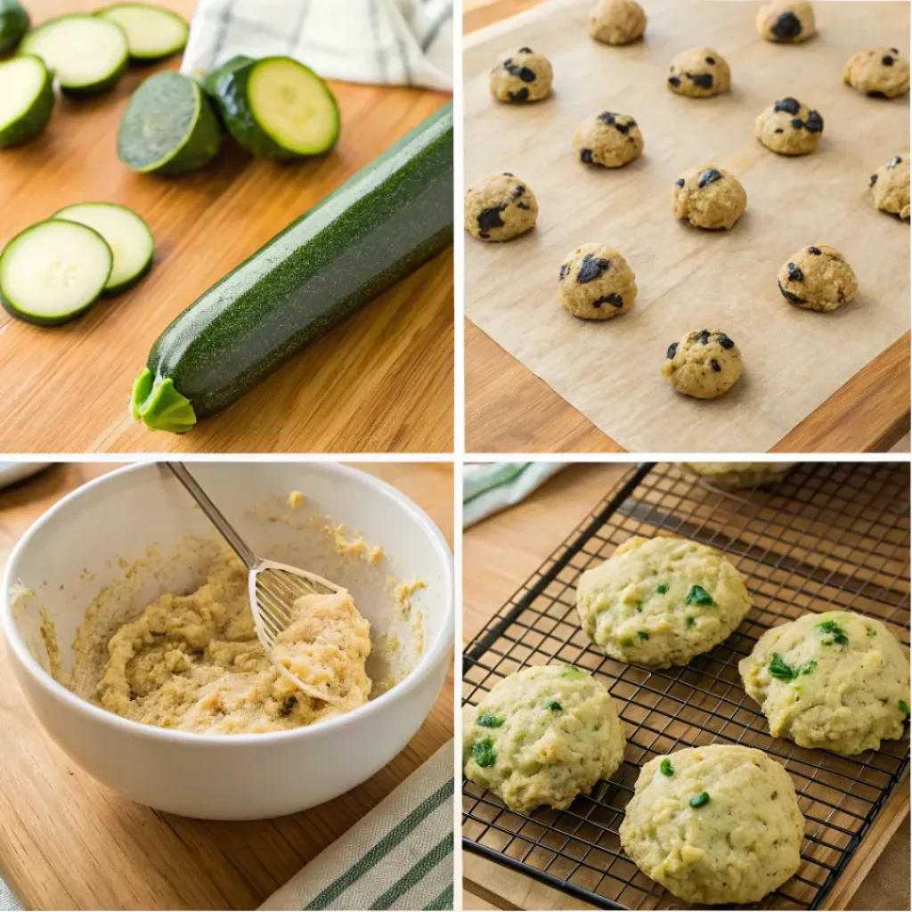 Four step collage showing grating zucchini, mixing dough, scooping cookies, and baking