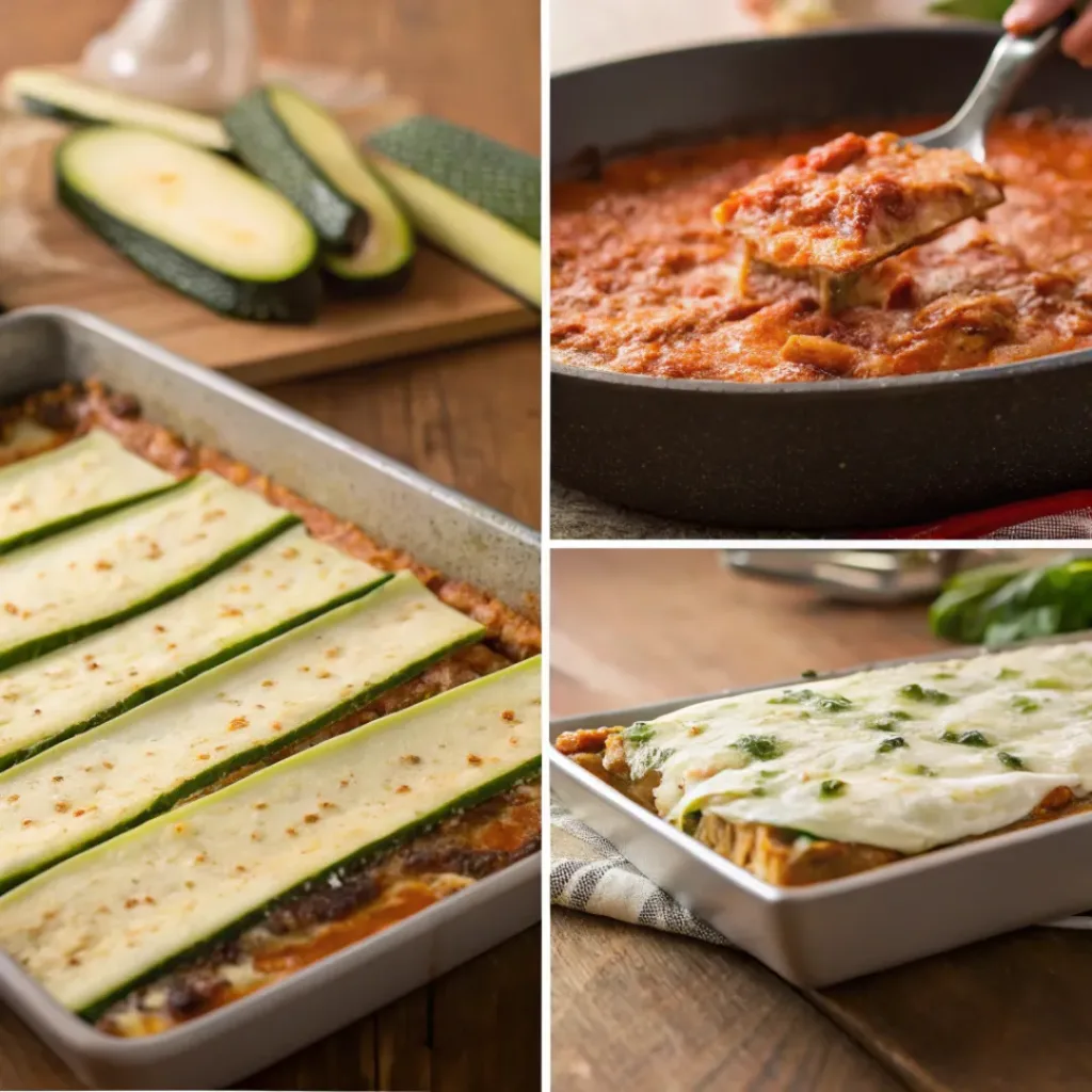 Four step collage showing slicing zucchini, cooking sauce, layering lasagna, and baking