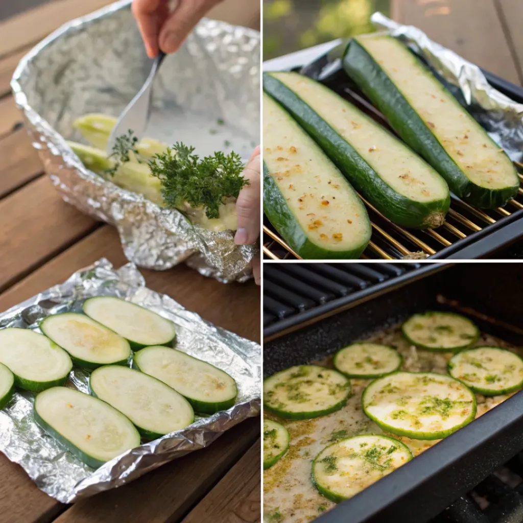 Four step collage showing slicing, seasoning, wrapping, and grilling zucchini packets