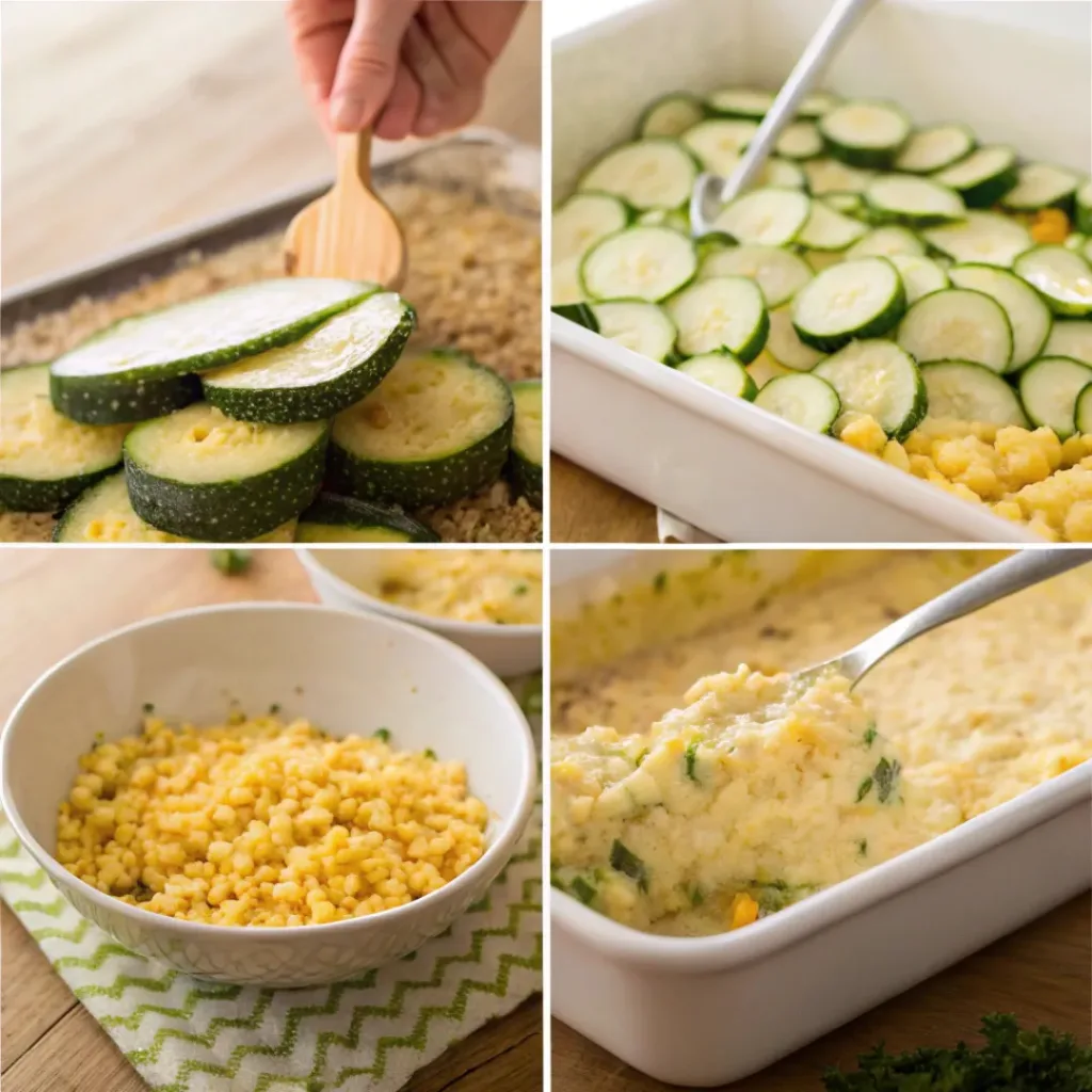 Zucchini and Corn Casserole – Creamy, Cheesy & Comforting Summer Bake 7 Four step collage showing mixing, baking, and serving casserole