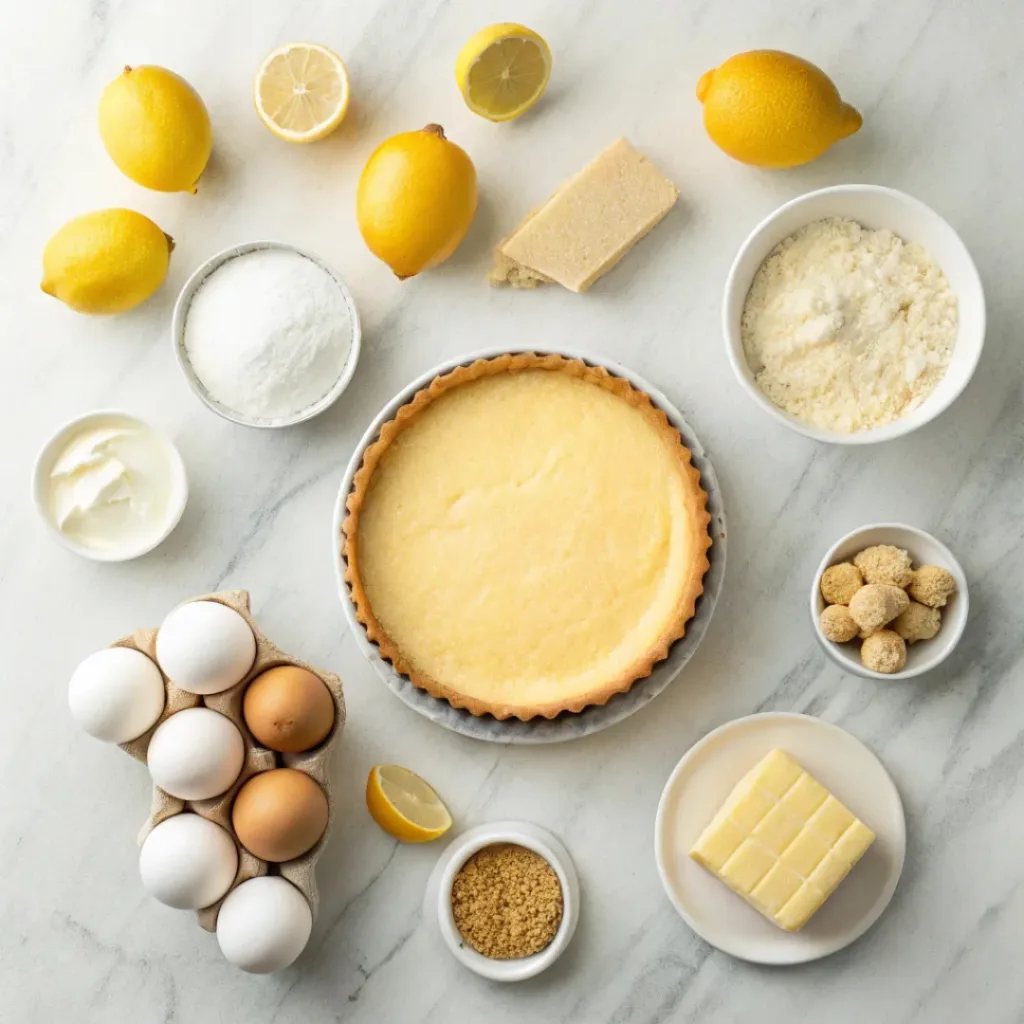 Flat lay of lemons, cream cheese, eggs, sugar, and tart ingredients