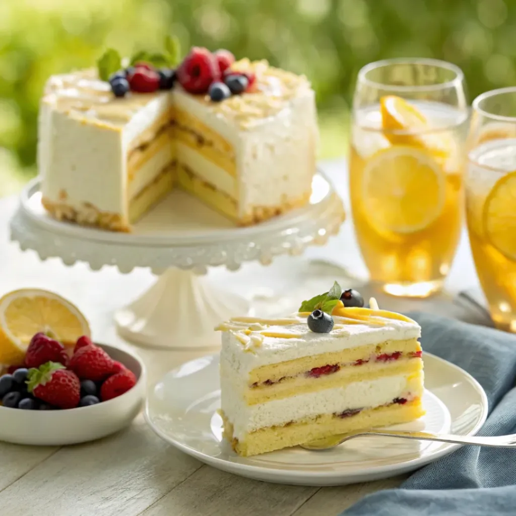 Slice of lemon icebox cake served with berries and iced tea
