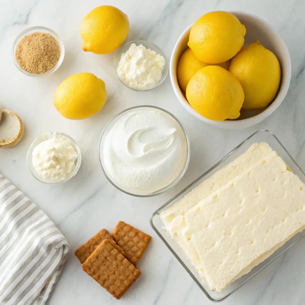 Flat lay of lemons, whipped cream, graham crackers, and dessert ingredients