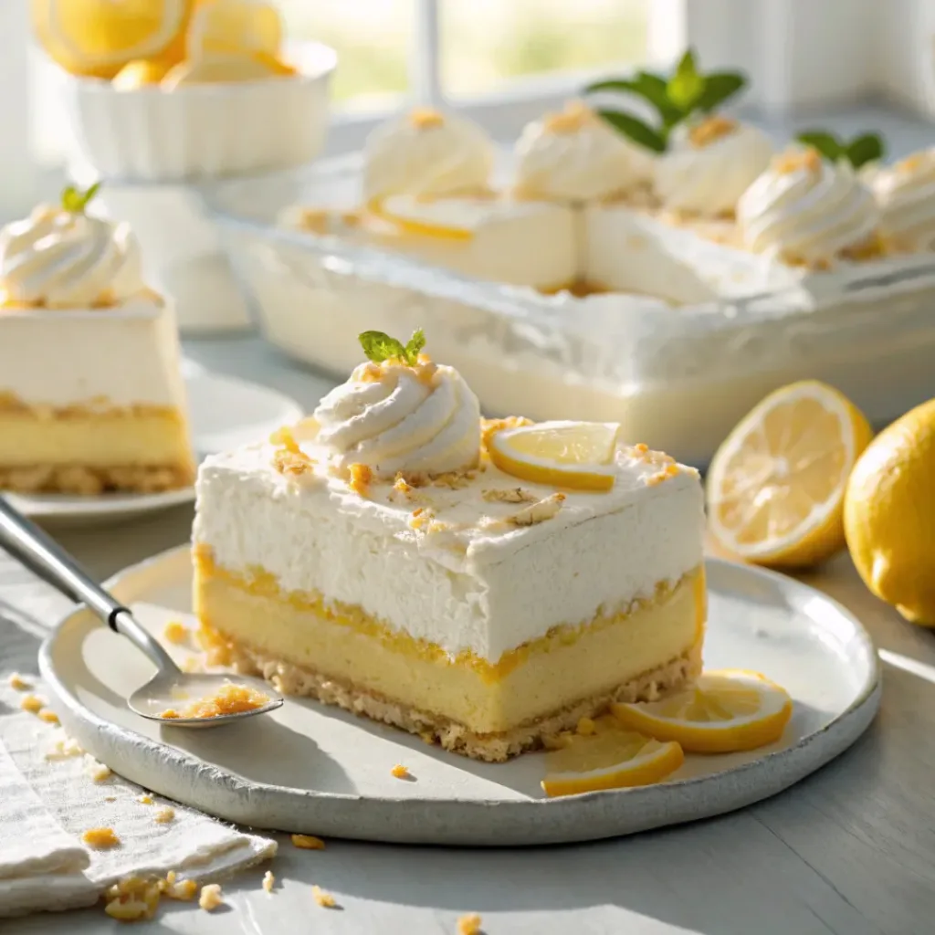 Lemon Lush – Creamy, Cool & Refreshing Layered Dessert 8 Creamy lemon lush dessert with layered filling and whipped topping