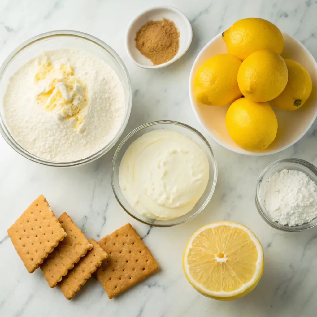 Lemon Lush – Creamy, Cool & Refreshing Layered Dessert 6 Flat lay of lemons, cream cheese, pudding mix, and dessert ingredients