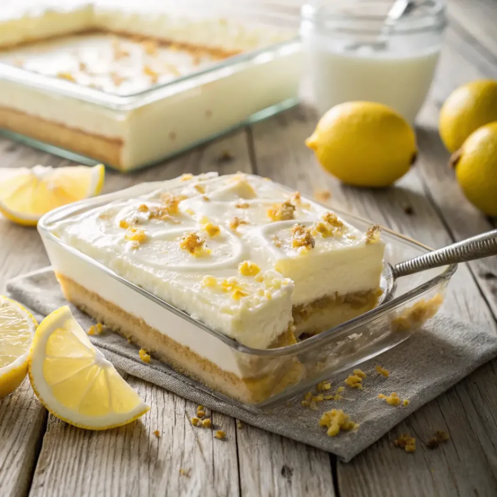 Home 9 Layered lemon lush dessert with whipped topping and lemon slices
