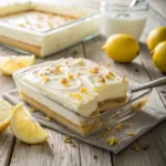 Layered lemon lush dessert with whipped topping and lemon slices