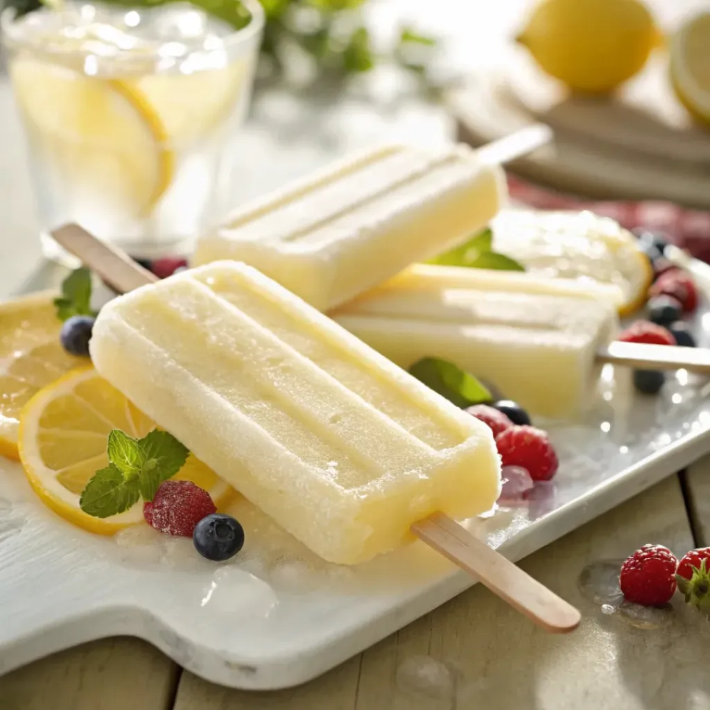 Lemon yogurt popsicles served with fruit and refreshing drinks