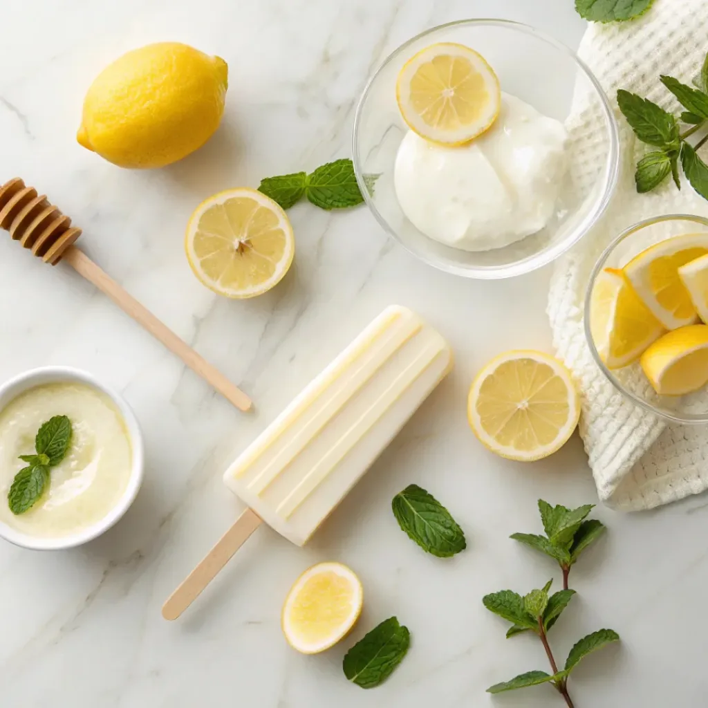 Flat lay of yogurt, lemons, honey, and popsicle ingredients