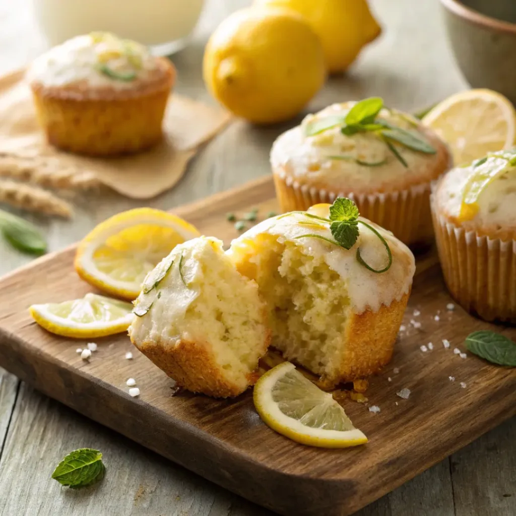 Lemon Zucchini Muffins – Bright, Moist & Soft Bakery-Style Muffins 8 Fresh lemon zucchini muffins with glaze and lemon slices