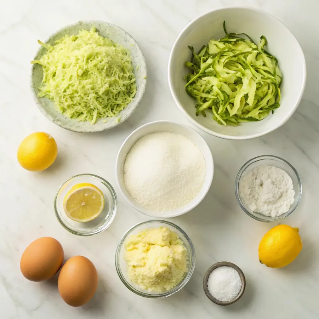 Lemon Zucchini Muffins – Bright, Moist & Soft Bakery-Style Muffins 6 Flat lay of zucchini, lemons, flour, and baking ingredients