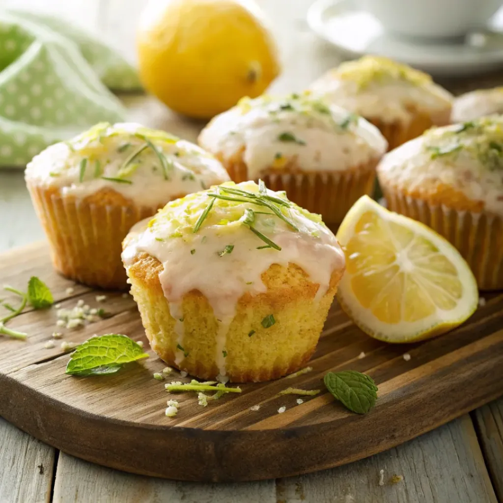 Home 8 Glazed lemon zucchini muffins with fresh lemon garnish