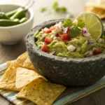 Loaded guacamole with tomatoes, onion, jalapeño, and cheese