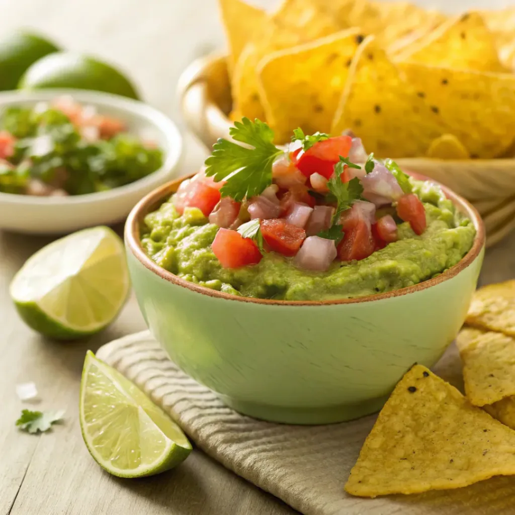 Loaded guacamole served with tortilla chips and snacks