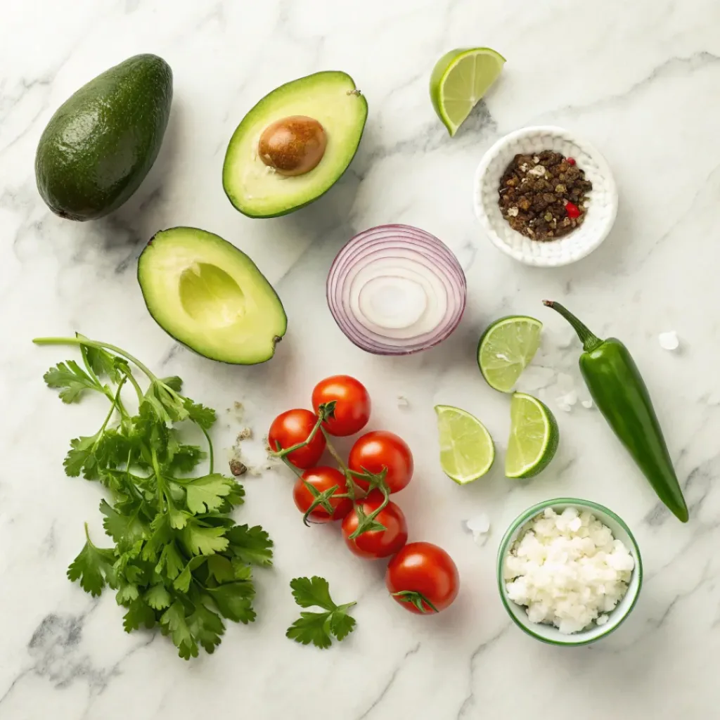 Flat lay of avocados, tomatoes, onion, lime, and guacamole ingredients