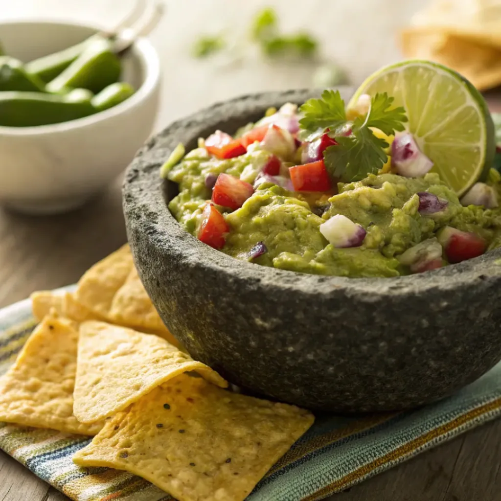Loaded guacamole with tomatoes, onion, jalapeño, and cheese