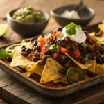 Loaded nachos with cheese, beef, beans, and toppings