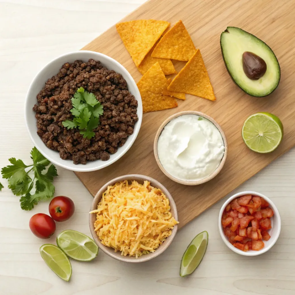 Flat lay of nacho chips, cheese, beef, beans, and toppings