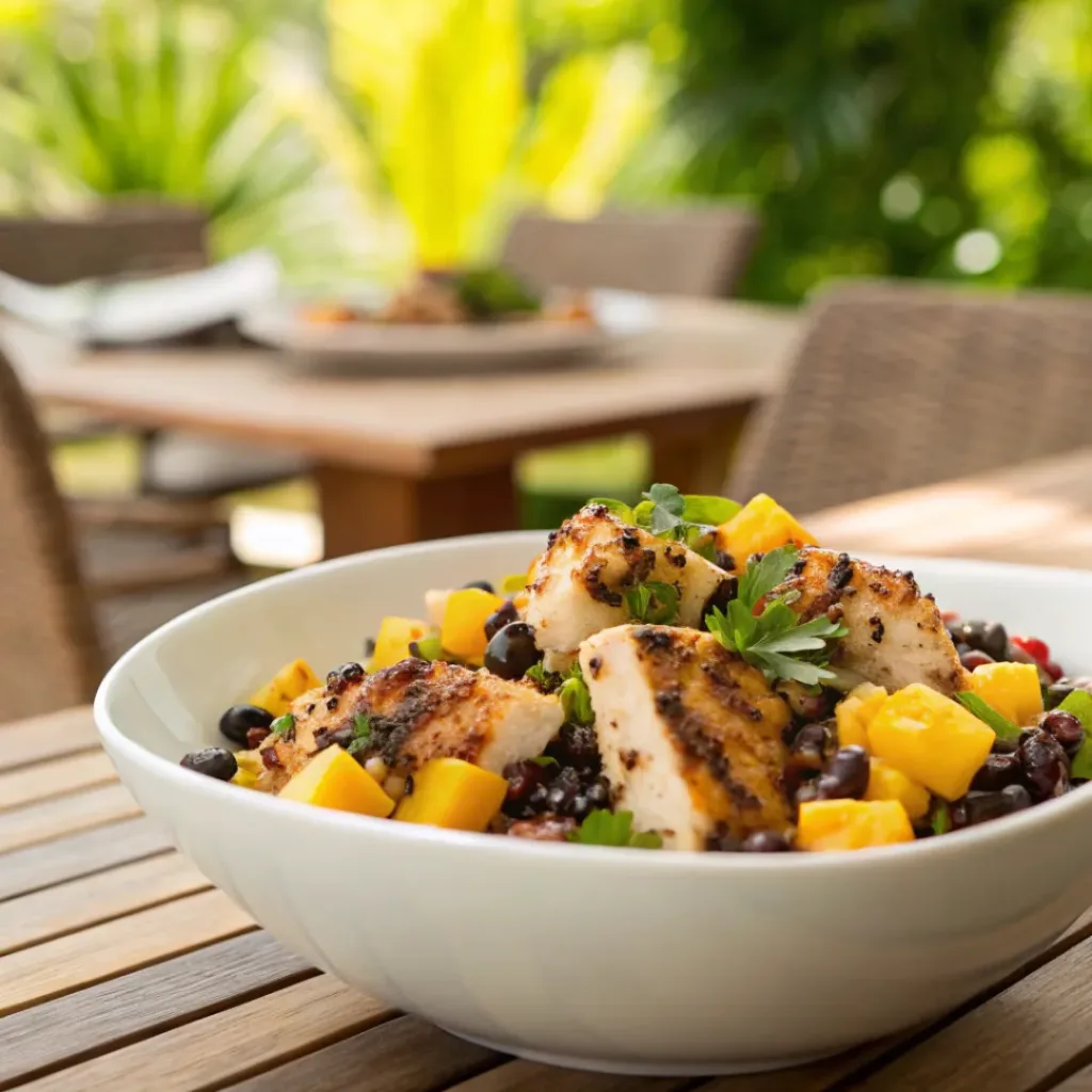 Mango black bean quinoa salad served with grilled dishes
