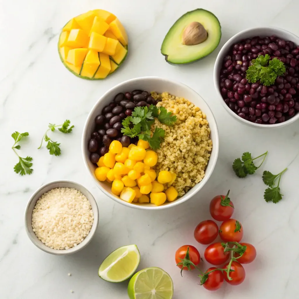 Flat lay of quinoa, mangoes, black beans, avocado, and lime