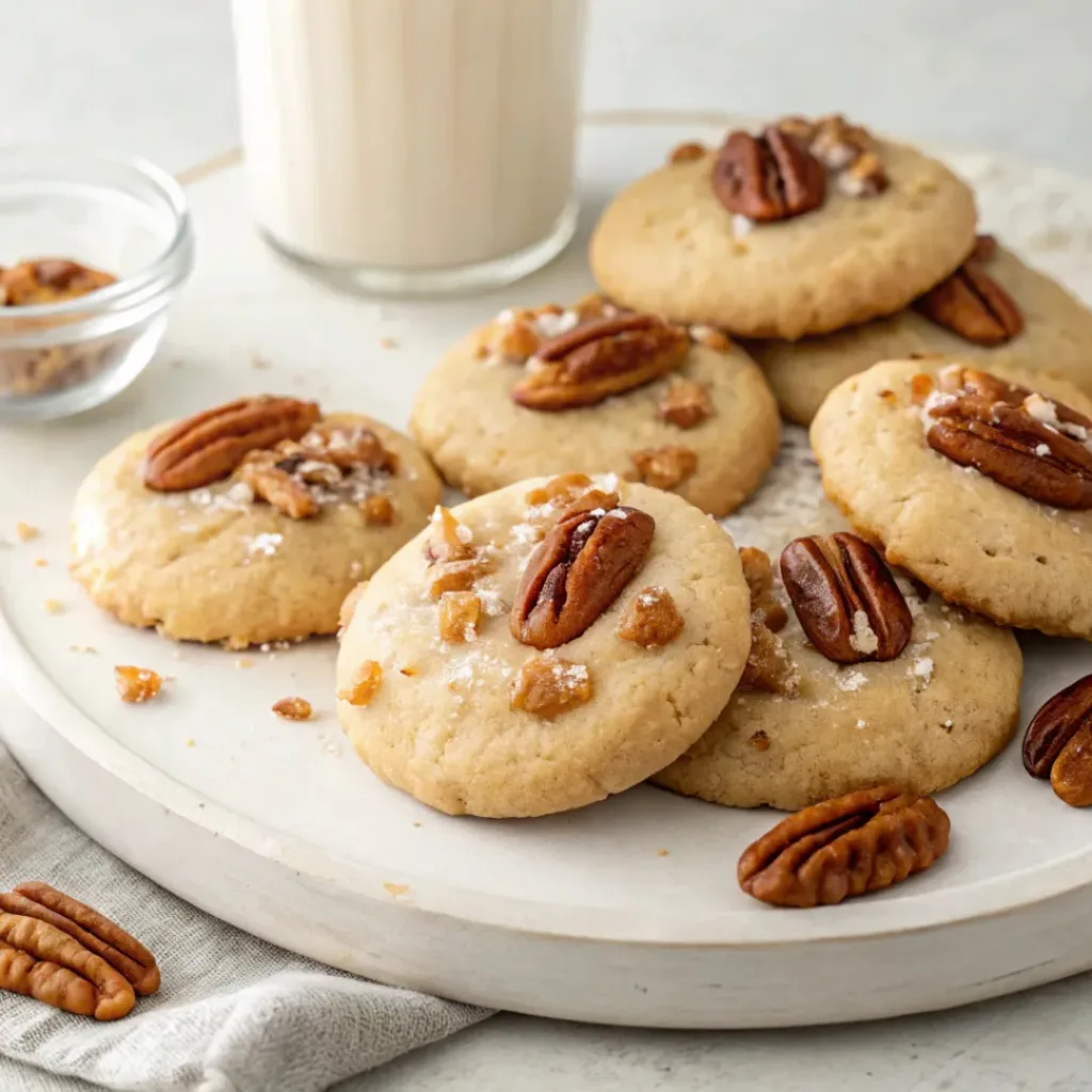 Homemade maple pecan cookies topped with maple glaze and toasted pecans on a serving platter.