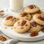 Homemade maple pecan cookies topped with maple glaze and toasted pecans on a serving platter.