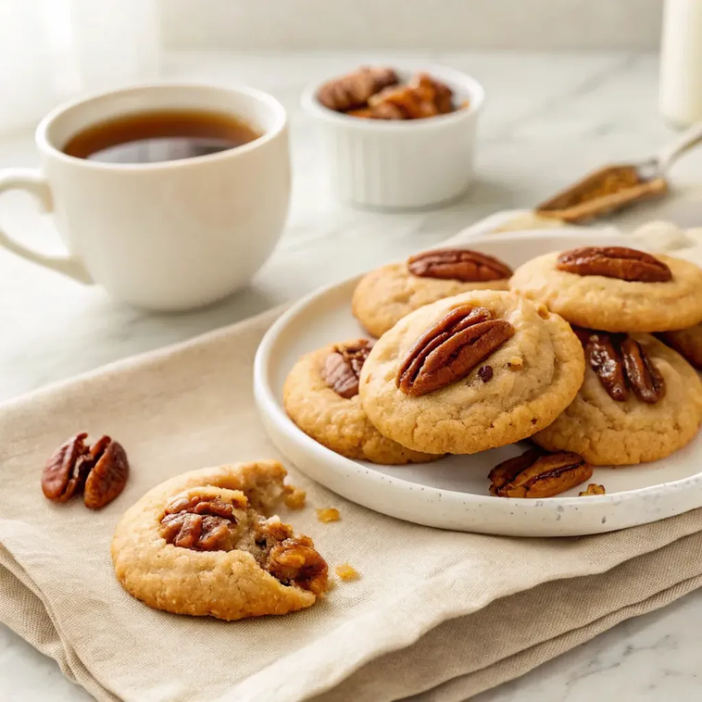 Maple Pecan Cookies - Soft Chewy Autumn Bakery Treats 8 Maple pecan cookies served with hot coffee and pure maple syrup.