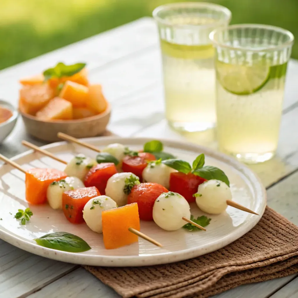 Melon caprese skewers served with refreshing drinks outdoors